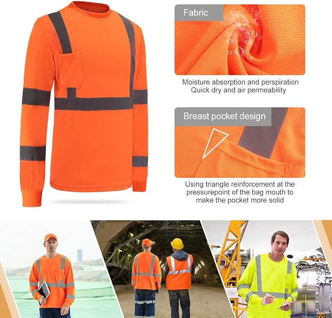 A-SAFETY Safety Shirt,High Visibility Work T Shirt Long Short Sleeve Class 3 (XS-6XL)