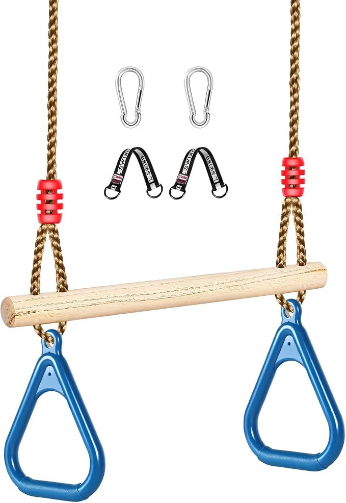 LadyRosian Wooden Trapeze Swing Bar, Adjustable Height Swing Set, Gym Rings, Playground Attachments, 16.5" Monkey Bar for Backyard, Playground, Playroom (Blue)