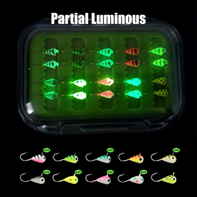 Tungsten Ice Fishing Jigs Kit, 3.2/4/5mm Glow in Dark Tear Drop Ice Fishing Lure Jigs with Waterproof Two-Sided Jig Box Assortment 20/24/30