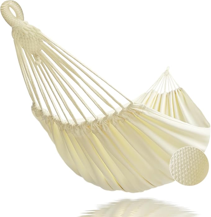 GOCAN Brazilian Double Hammock 2 Person 330X150cm Load 500Pound Cotton Hammock for Patio Porch Garden Backyard Lounging Outdoor and Indoor (Beige)