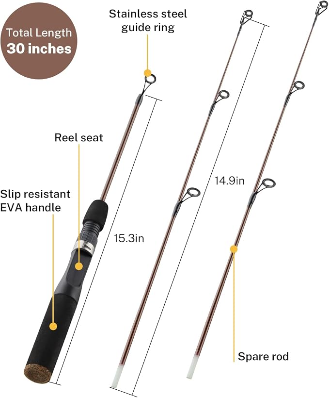 Gonex Ice Fishing Rod Reel Combo Medium Light Carbon Fiber Fiberglass Portable Complete Kit Include Skimmer Spare Rod Spinning Ice Fishing Reel Ice Jig Folding Stool for Winter Fishing