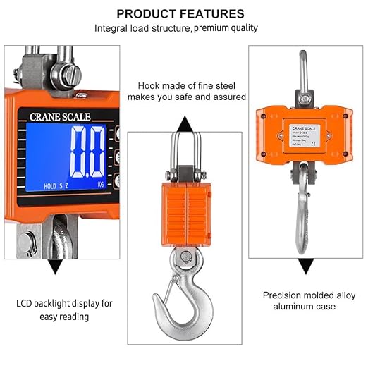 Geevorks Digital Hanging Scales Portable Heavy Duty Crane Scale,Industrial Precision Digital Hanging Scale1000KG (2204lbs),LCD Backlight,with Unit Change/Data Hold/Tare/Zero