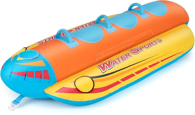 Towable Tubes for Boating, Inflatable Hot Dog Water Tube for Boat to Pull, Water Sports Banana Boat Tubes and Towables w/Double Stitched Nylon Cover, Padded Seat, Easy Grip Handles