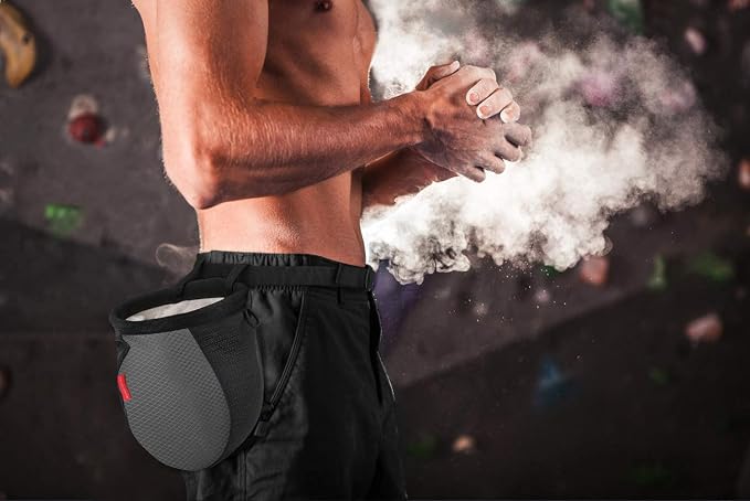 Rhino Valley Climbing Chalk Bag, No Leak Drawstring Chalk Bag with Adjustable Belt, Carabiner Clip and Zippered Pockets Chalk Bag for Rock Climbing, Cross Fit, Weight Lifting & More