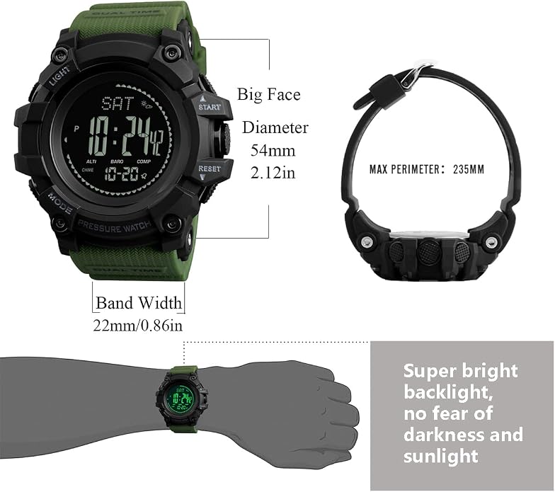 Watch Compass, Altimeter Barometer Thermometer Temperature, Pedometer, Military Army Waterproof Outdoors Sport Digital Watch for Men