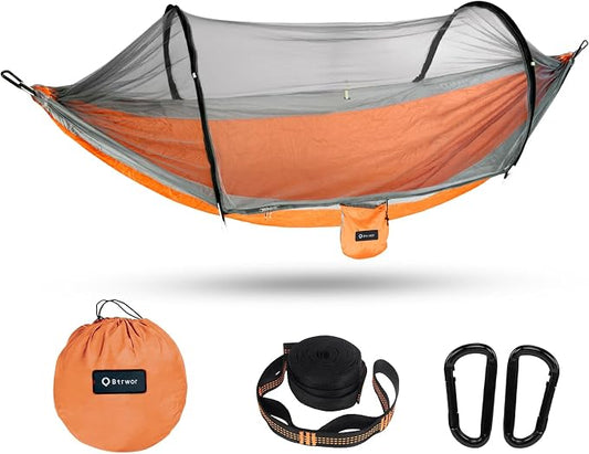 Hammock with Mosquito Net - Lightweight, Portable, 1 Person Hammock - for Camping, Hiking, Backpacking, Travel, a Festival, or The Beach (Orange)