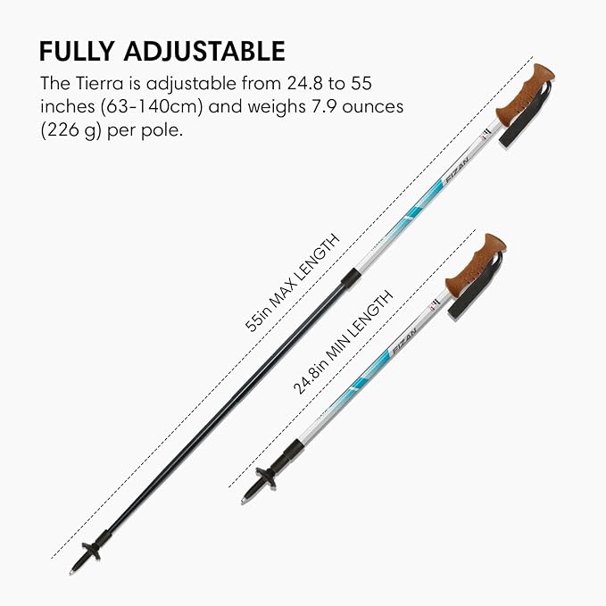 Fizan Tierra Trekking Poles – 8 oz, Ultralight, Backpacking, Thru Hiking Poles, Adjustable, Collapsible, Customized Fit, Cork Grips, Aluminum Walking Sticks