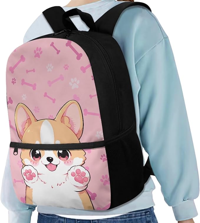 Kids School Bag Cute Corgi Dog Backpack for Girls Bookbag with Lunch Bag Pencil Case Water Bottle Holder 4PCS School Supplies Back to School Accessories