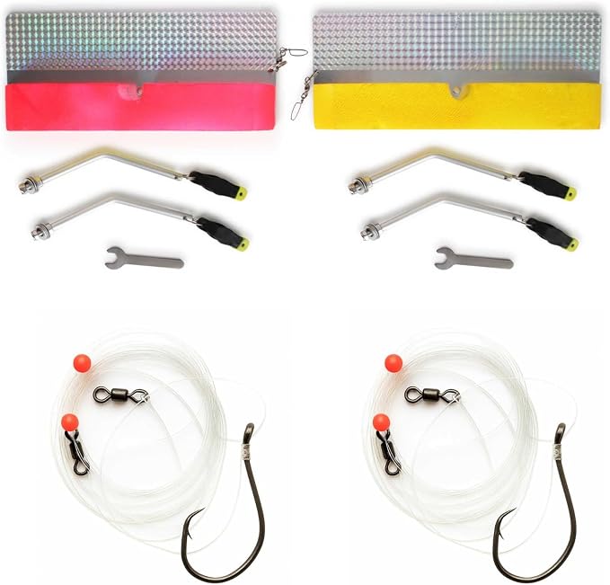 UMT 2pc Planer Board Trolling Kit for Offshore Fishing Chartreuse & Pink Boards with Holographic Finish + 2 Rigs with 8/0 Hooks on 30ib Fluorocarbon Saltwater & Freshwater for Striped Bass