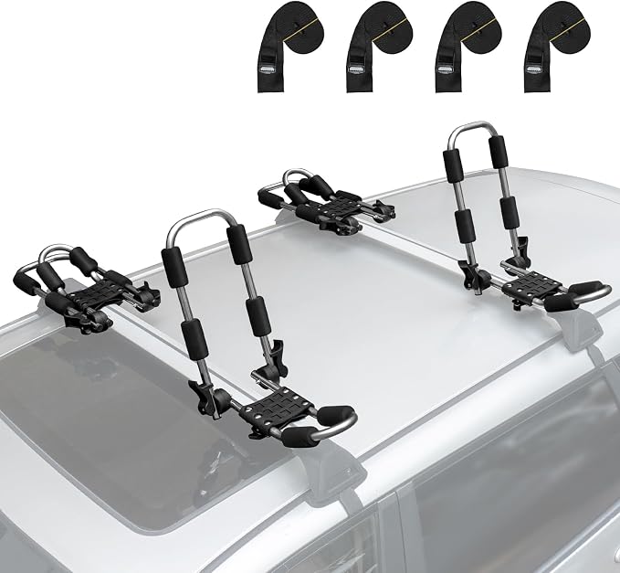 Leader Accessories Stainless Steel Folding Kayak Rack 4 PCS/Set J Bar Car Roof Rack for Canoe Surf Board SUP On Roof Top Mount on SUV, Car and Truck Crossbar with 4 pcs Tie Down Straps