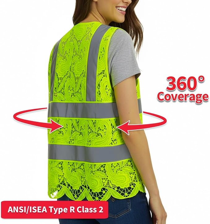 Lace-Mesh Safety Vest for Women & Men - Breathable, High Visibility Vest with Zipper & ANSI Class 2 Reflective Strips