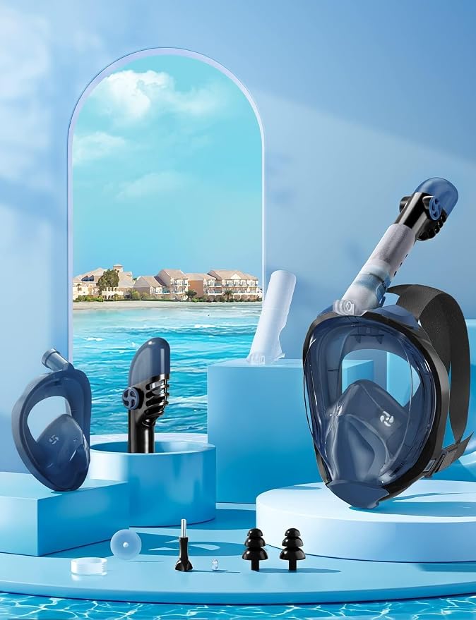 Full Face Snorkel Mask for Adults, 180° Panoramic Anti-Fog Snorkeling Gear with Dry Top System & Camera Mount, Foldable Anti-Leak Design for Travel, Swimming & Ocean Snorkeling