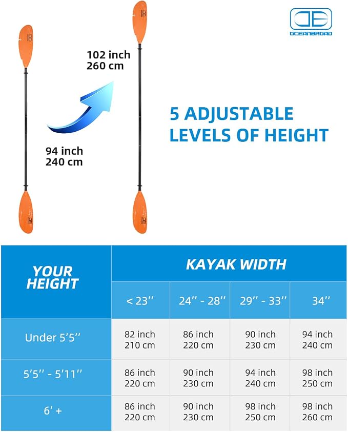 OCEANBROAD Adjustable Fishing Kayak Paddle - 94in/240cm-98in/250cm-102in/260cm Aluminum Alloy Shaft with Paddle Leash