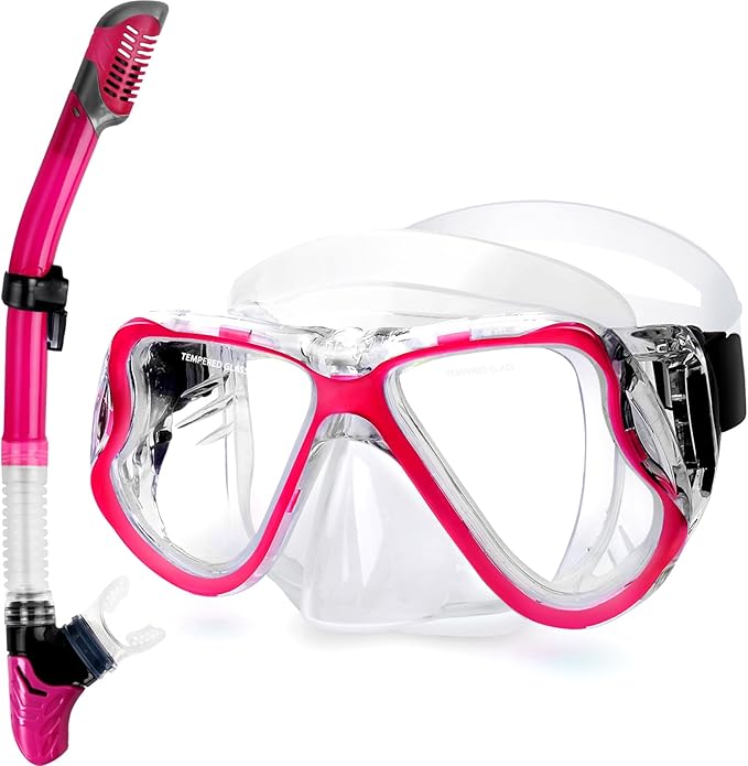 Greatever Dry Snorkel Set,Panoramic Wide View Anti-Fog Scuba Diving Mask,Professional Snorkeling Gear for Adults Kids