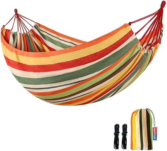 Cotton Canvas Hammock, Comfortable Fabric Camping Hammock with Tree Straps, Up to 440lbs with Travel Bag for Camping Outdoor/Indoor Patio Backyard(Orange, Without bar)