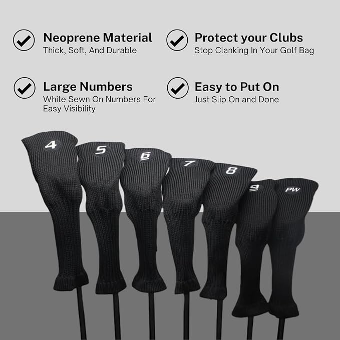 Majek All Hybrid Head Cover Golf Club Black Sleek Tight Fit Headcover Set 4-PW Acrylic Head Covers 4 5 6 7 8 9 PW Easy to See Large White Embroidered Numbers