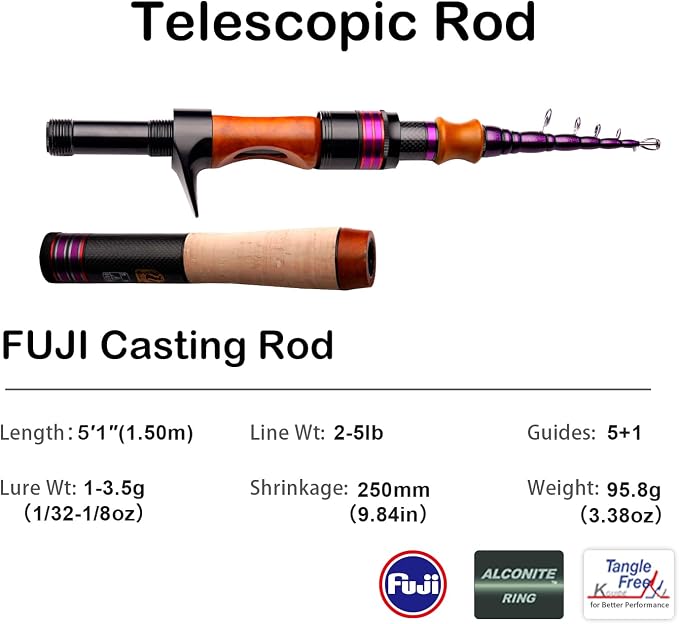 PURELURE Telescopic Fishing Rod Spinning & Casting Travel Rod Ultralight 5' | Fuji Alconite Ring, Detachable Handle Closed Length 9.8in, Spare Carbon Solid Tip, Solid Wood Reel Seat, Cork Handle