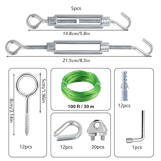 100Ft Clothes Line Outdoors, Green PVC Coated Steel Cable Clip Kit, Multi-use Turnbuckles for Cables Wires/Clothesline Wire/Grape Vine/String Light Hanging Kit