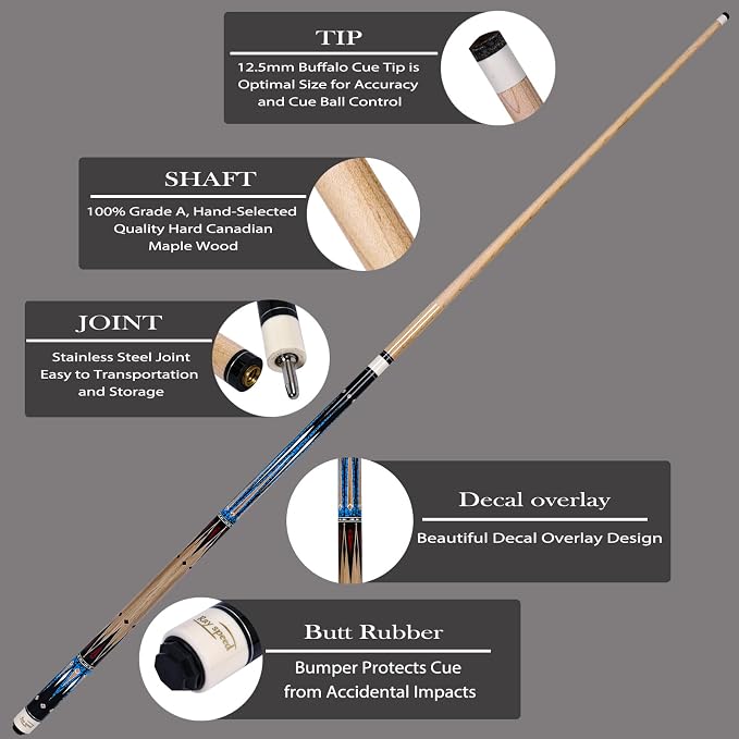 Pool Cue Stick with Hard Case Hardwood Canadian Maple Professional Billiard Pool Stick 58" 2-Pieces 19/20oz Pool Stick Set