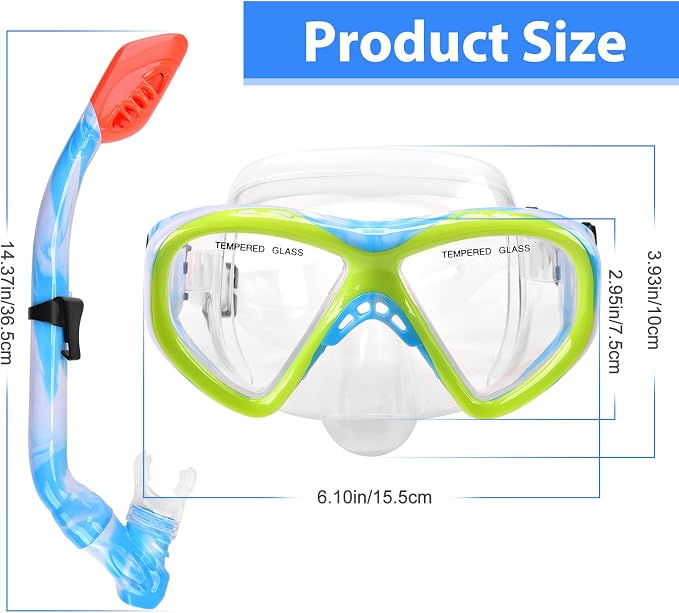 2 Sets Snorkeling Gear for Kids, Kids Snorkel Set for Ages 6-14, Dry Top Snorkel Mask Set for Youth Boys Girls Junior, Tempered Glass Diving Swimming Mask Goggles
