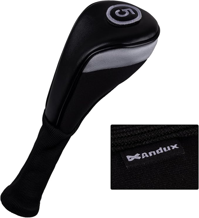 Andux 3pcs/Set PU Golf Wood Club Head Covers with Long Neck | for 460cc Driver Fairway Wood Club with Hook & Loop No. Tags Coloured Piping Pull-On Closure