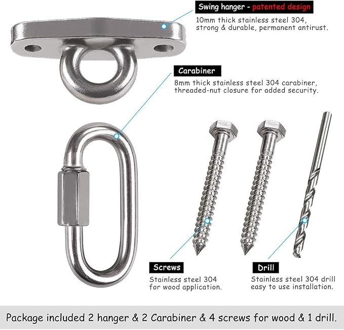 IOH 2 Pcs Heavy Duty Swing Hangers with 4 Screws SUS 304 Antirust, Playground Porch Yoga Seat Trapeze, Hammock Chair, Hanging Kit, Indoor Outdoor, 2000lb Capacity | 2 Quick Link Oval Carabiner |