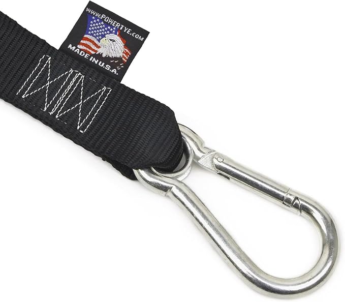 PowerTye 1.5 inch x 10ft Extra Long Ratchet Tie Down Straps, Heavy Duty with Carabiner Hooks, Soft-Tye & Bag, for Motorcycle, ATV & Cargo - 1,000 lb WLL - Made in USA - Blue/Black Pair