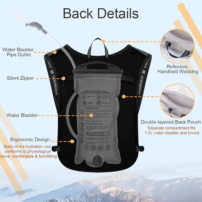Running Vest + BPA Free 1.5L Water Bladder, Lightweight Hydration Backpack for Women Men, Breathable Pack Adjustable Chest Straps Running Hydration Vest for Trail Race, Cycling, Hiking