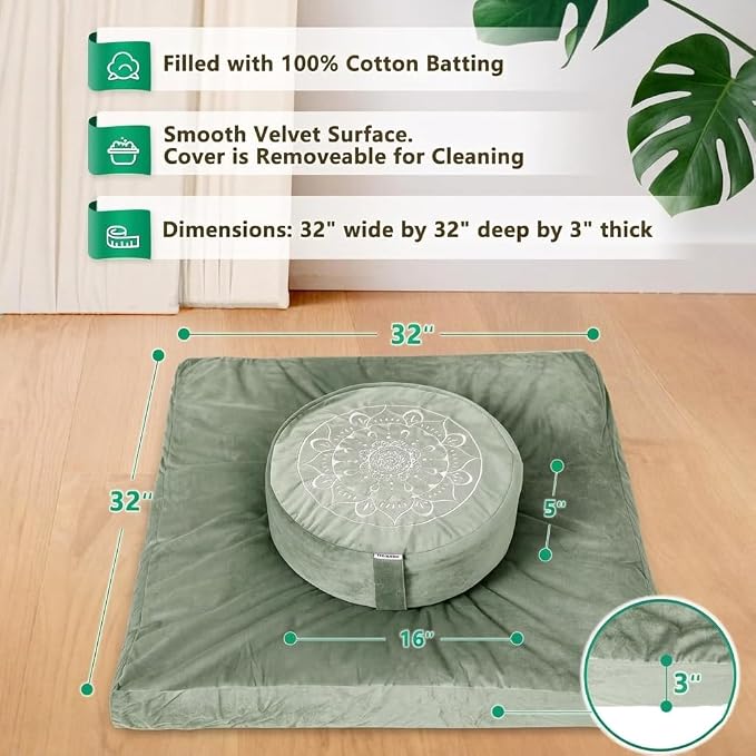 Hihealer Meditation Cushion, Traditional Tibetan Meditation Pillow Velvet Cover - Large Floor Cushion Seating for Adults - Yoga Buckwheat Bolster for Women、Moms