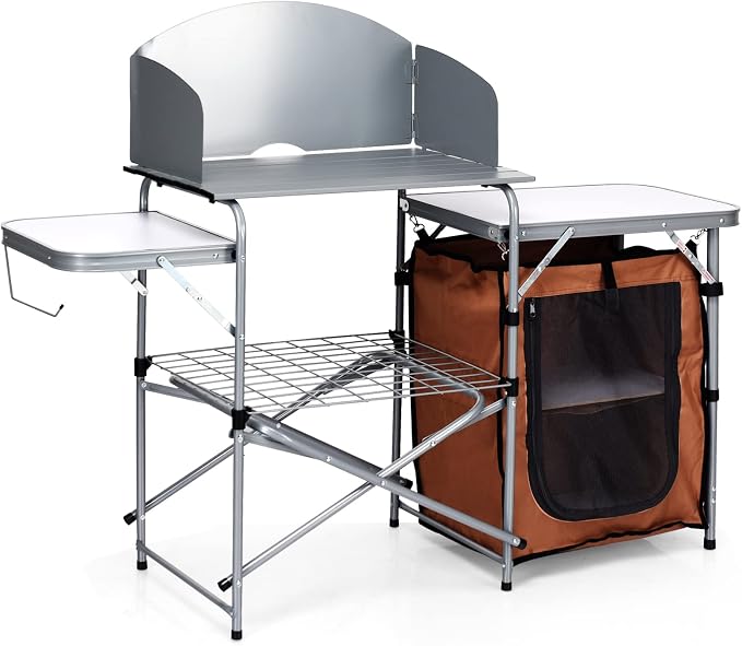 Tangkula Folding Camping Kitchen Table, Aluminum Portable Camping Grill Table with Windscreen, Cook Station, Outdoor Quick Set-up Camp Cook Table with Storage Organizer Shelves, Carry Bag