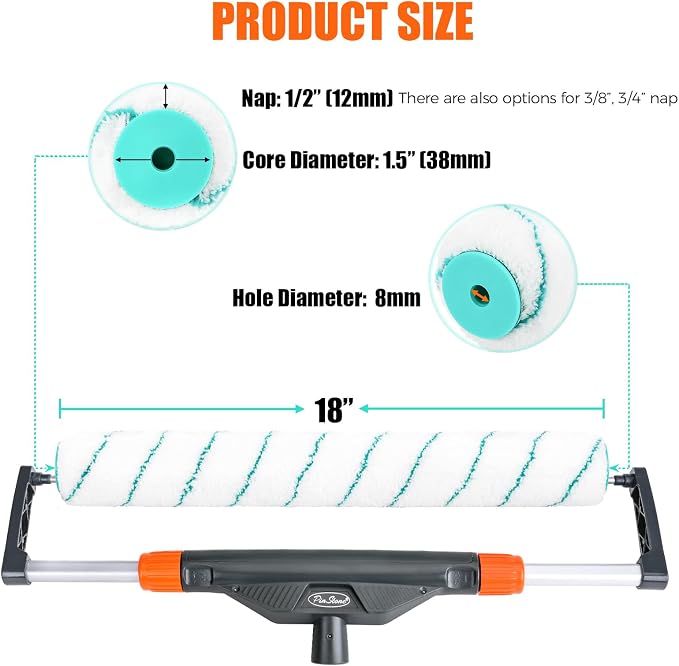 18 Inch Microfiber Paint Roller Covers, 3pcs 1/2" Nap Rollers with A Professional Painters Tape, 18" Large Cover Refills for Smooth Painting Walls, Ceilings, Floors, All Paint & Stain, 4 Pack
