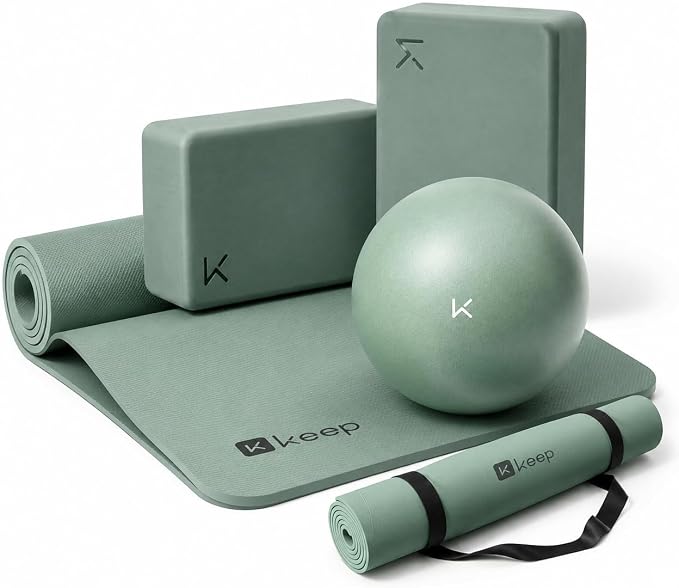 KEEP Complete Yoga & Pilates Set, Pale Green - Includes Extra Large TPE Workout Mat (72"x32"x7mm, Two-Tone Oatmeal White), 25cm Mini Balance Ball, and 2-Pack High-Density EVA Yoga Blocks