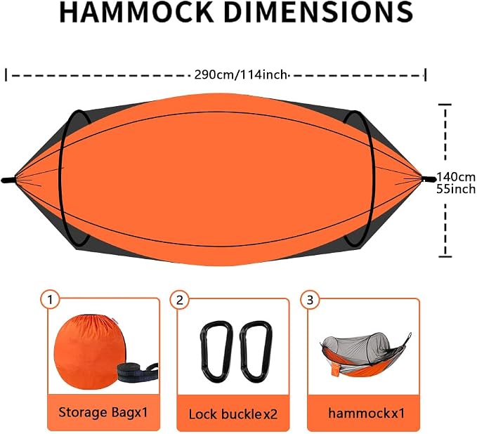 Camping Hammock with Mosquito Net - Double & Single Portable Hammocks with 2 Tree Straps, Lightweight Hammock Tent for Outdoor Camping, Hiking, Backpacking, Beach & Backyard (Orange)