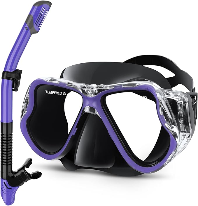 Greatever Dry Snorkel Set,Panoramic Wide View Anti-Fog Scuba Diving Mask,Professional Snorkeling Gear for Adults Kids