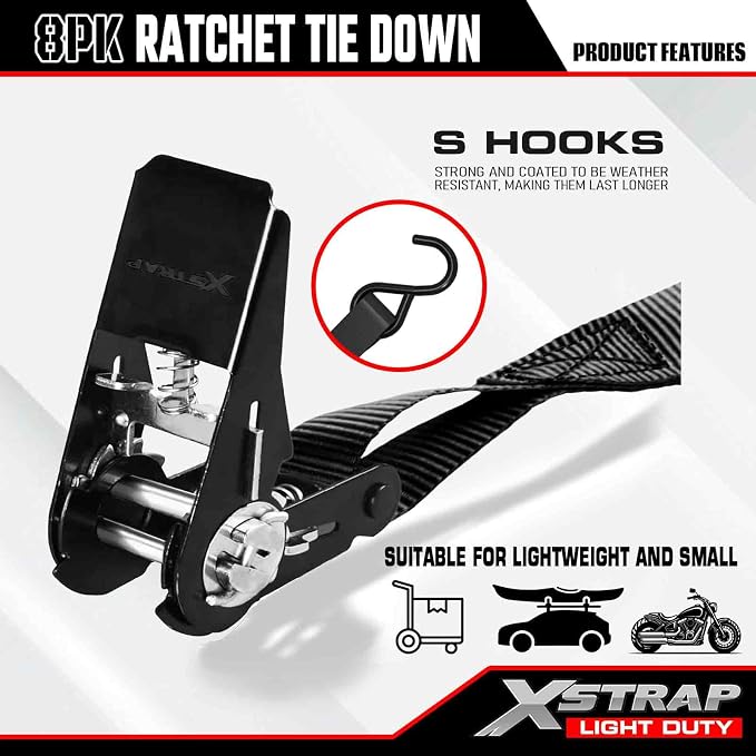 XSTRAP STANDARD 8-Pack Ratchet Tie Down Straps, 1" x 10ft, 900lb Break Strength Heavy Duty Straps for Motorcycles, ATVs, Lawn Equipment, Appliances & Truck Cargo - Black