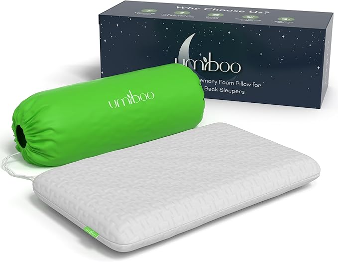 Focus Umiboo 2.6-Inch Low Profile Gel Memory Foam Pillow for Stomach or Back Sleepers with Polyester Bamboo Cover and Case for Travel and Eye Mask (White)