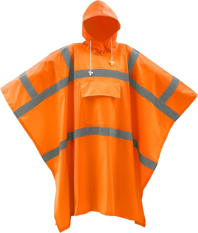 Coume High Visibility Rain Poncho 50x80 in, Waterproof Windproof Reflective PVC Safety Rain Gear with Drawstring Hood & Large Pocket for Construction, Traffic, Camping, Fishing, Outdoor Worker, Orange