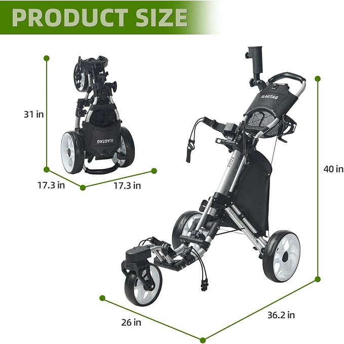 FLAGTAG Golf Push Cart 3 Wheel with 360 Swivel Front Wheel,Lightweight and Foldable Walking Golf Cart，One-Click Foldable,with Foot Brake