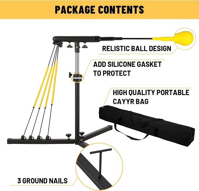 Baseball Softball Swing Trainer with 4 Power Bands, 31-43 In Adjustable Baseball Hitting Trainer with 3 Ground Nails, Carry Bag. Baseball Training Equipment Improve Power, Speed, Coordination