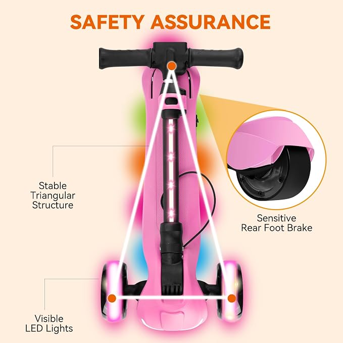 Electric Scooter for Kids w/150W Powerful Motor, Thumb Throttle, LCD Screen, Bluetooth, Light-Up Stem Deck & Wheels, 3 Adjustable Heights, 5MPH Safe Speed, 3 Wheel Electric Scooter for Kids