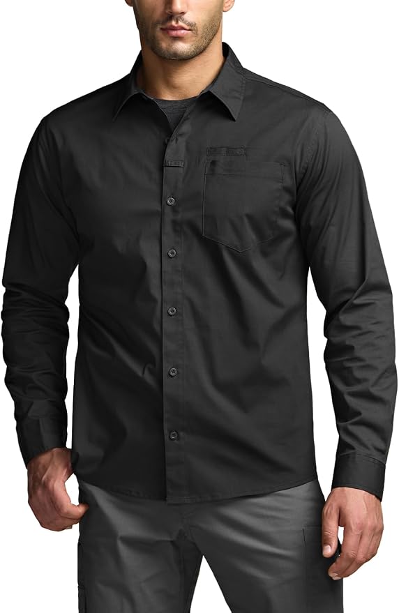CQR Men's Long Sleeve Tactical Shirts, Ripstop Military Work Shirts, UPF 50+ Breathable Button Down Outdoor Hiking Shirt