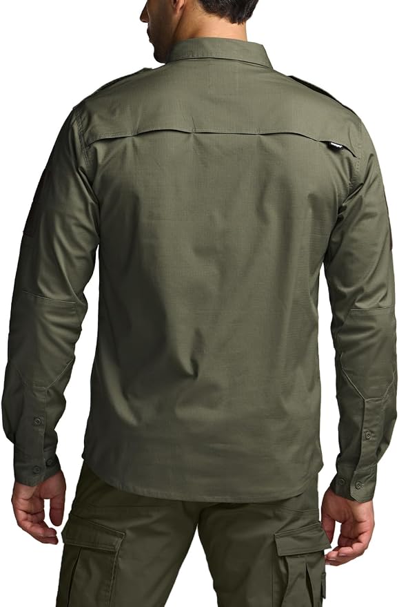 CQR Men's Long Sleeve Tactical Shirts, Ripstop Military Work Shirts, UPF 50+ Breathable Button Down Outdoor Hiking Shirt