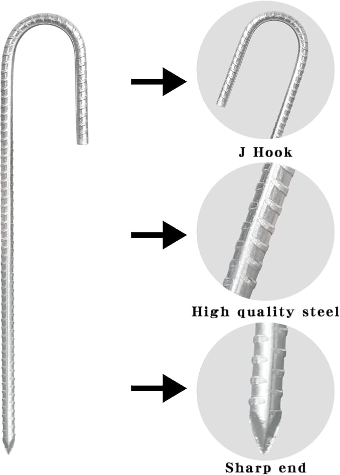 Rebar Stakes, 10 Pack 16 Inch Heavy Duty J Hook Galvanized Ground Stakes for Camping Tent Trampoline Swings and Chain Link Fence (Silver)