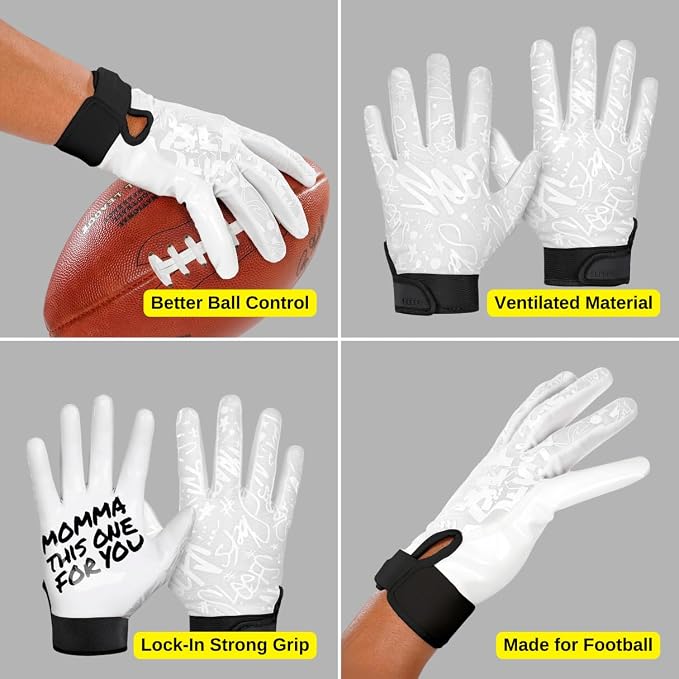SLEEFS Football Receiver Gloves [1 Pair] - No Slip, Crazy Sticky Silicone Grip - Youth and Adult Sizes