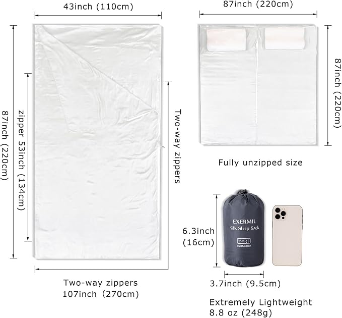 100% Silk Sleep Sack with Zippers on 3 Sides, 87”x43” Large Sleeping Liners for Hotels, Travel & Camping, Multifunctional Travel Sheets (Unzipped:87”x87”) for Adults, Lightweight, All Seasons