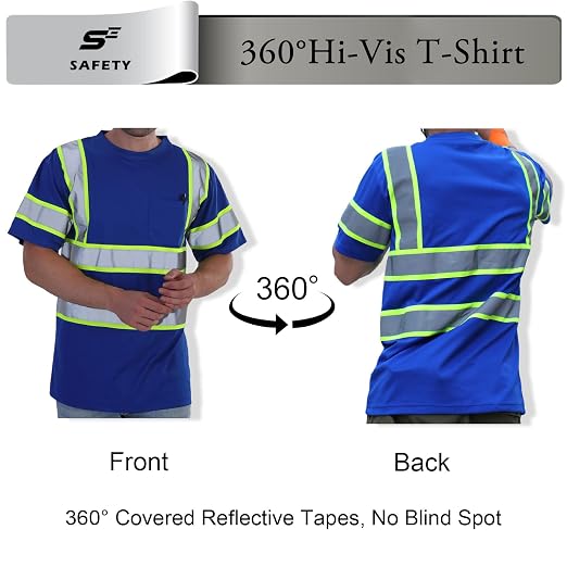 sesafety Premium Silver Reflective Safety Shirts for Men, 360° High Visibility ANSI Class 3 Construction Work T-Shirts with Pocket, Durable Anti-Peeling Hi Vis Shirt for Night Shifts