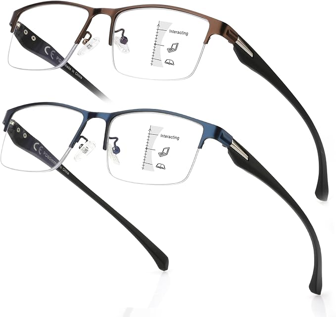 SKYOAK 2 Pack Premium Quality Progressive Multifocus Half Frame Reading Glasses for Men, No-Line Blue Light Blocking Computer Readers Multifocal Eyeglasses with TR90 Temples, Blue and Brown +2.25x