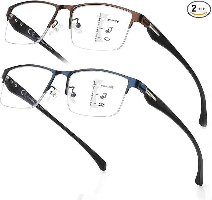 SKYOAK 2 Pack Premium Quality Progressive Multifocus Half Frame Reading Glasses for Men, No-Line Blue Light Blocking Computer Readers Multifocal Eyeglasses with TR90 Temples, Blue and Brown +150x