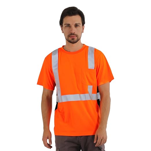 Hi Vis T Shirt Class 3 High Visibility Shirts for Men Safety Shirts with Reflective Strips and Pocket Breathable Construction Work Mesh Short Sleeve