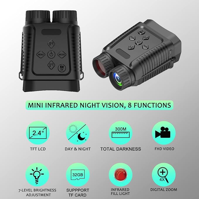Mini Night Vision Goggles Binocular Camera 1080P 12MP Starlight Distance to 300M with 2.4" TFT for Hunting Hiking Camping Climbing